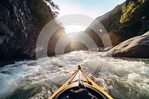 Extreme kayaking down the wild river in mountains at sunset, POV. Generative AI