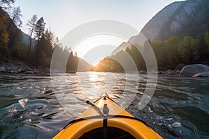 Extreme kayaking down the wild river in mountains at sunset, POV. Generative AI