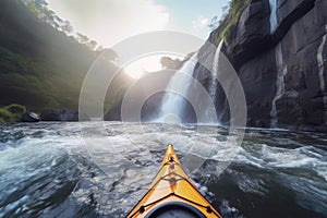 Extreme kayaking down the wild river in mountains at sunset, POV. Generative AI