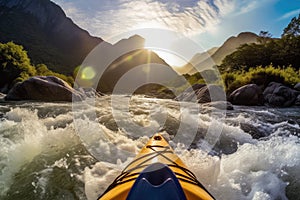 Extreme kayaking down the wild river in mountains at sunset, POV. Generative AI