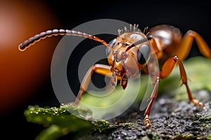 Extreme macro close-up photograph of a Ant on a leaf, dark background, in the style of macro photography, generative ai