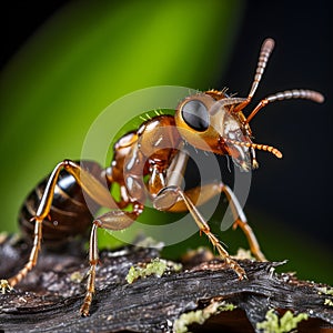 Extreme macro close-up photograph of a Ant on a leaf, dark background, in the style of macro photography, generative ai