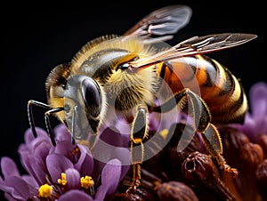 Extreme macro close-up photograph of a Bee on a flower, dark background, in the style of macro photography, generative ai