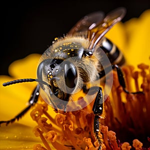 Extreme macro close-up photograph of a Bee on a flower, dark background, in the style of macro photography, generative ai