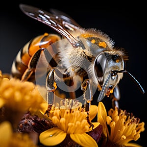 Extreme macro close-up photograph of a Bee on a flower, dark background, in the style of macro photography, generative ai