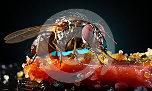 Extreme macro close up photograph of a fly on food, dark background, in the style of macro photography, generative ai