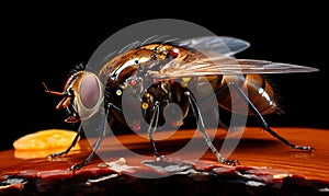 Extreme macro close up photograph of a fly on food, dark background, in the style of macro photography, generative ai
