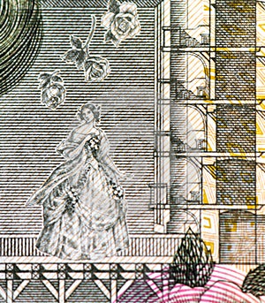 Extreme macro details of Jenny Lind, Swedish opera singer on 50 Swedish Krona banknote obverse.