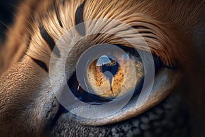 Extreme macro eye lion. Photorealistic image created by artificial intelligence