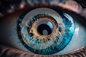 Extreme macro image of beautiful blue woman eye. Generative AI