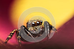 Extreme magnification of colorful salticidae male jumping spider
