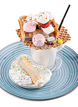 Extreme milkshake. Overshake. Milk Freakshake with waffles and sweets