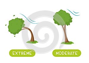 Extreme and moderate antonyms word card vector template. Opposites concept