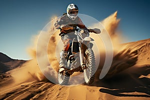 Extreme motocross rider on a desert race, jumping skillfully