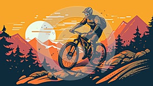 Extreme mountain biker riding bike on a beautiful sunset background, vector illustration.