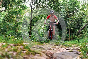 Extreme Mountain Biking, Cyclist ride on MTB trails in the Green Forest with Mountain Bike, Outdoor sports activity fun and enjoy