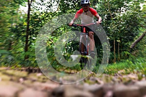 Extreme Mountain Biking, Cyclist ride on MTB trails in the Green Forest with Mountain Bike, Outdoor sports activity fun and enjoy