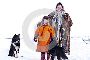 The extreme north, Yamal, the past of Nenets people, the dwelling of the peoples of the north, a family photo near the yurt in the