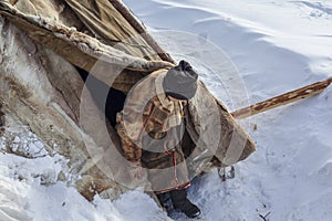 Extreme north, Yamal, pastures of the Nenets, dwellings of the peoples of the north, a yurt in the forest, attributes of residents