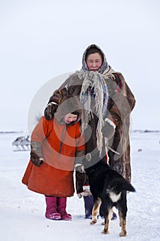 The extreme north, Yamal Peninsula, the past of Nenets people, the dwelling of the peoples of the north, a family photo near the