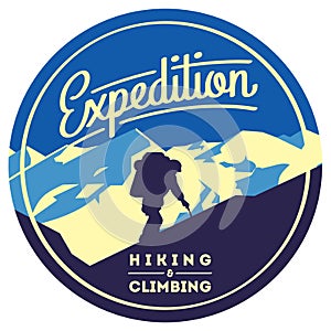 Extreme outdoor adventure badge. High mountains illustration.
