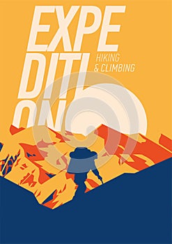 Extreme outdoor adventure poster. High mountains at sunset illustration.