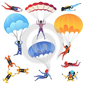 Extreme parachute sport. Adrenaline characters jumping paragliding and skydiving fly aerodynamics vector picture