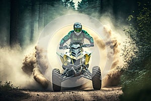 Extreme Quad Cross MX Rider on Dirt Track with Forest Background. AI