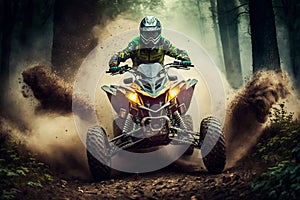 Extreme Quad Cross MX Rider on Dirt Track with Forest Background. AI