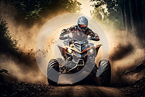 Extreme Quad Cross MX Rider on Dirt Track with Forest Background. AI