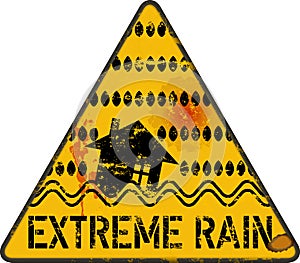 Extreme rain warning sign,climate change, inundation, flooding concept, vector illustration, grungy