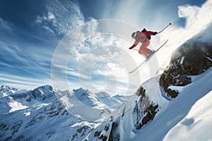 An extreme skier performing a high jump against a backdrop of snowy mountains, capturing the essence of adventure and risk,