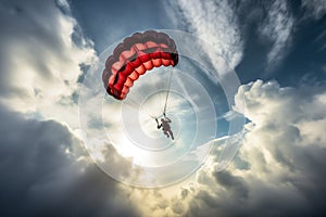 Extreme skydiver gracefully descending with an open parachute, against a backdrop of clouds. Generative AI photo