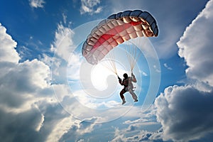 Extreme skydiver gracefully descending with an open parachute, against a backdrop of clouds. Generative AI photo