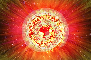 Extreme solar storm, solar flares. Sunburst rays of sunlight. Bright luminous sun with light effect, sunshine with lens flare.