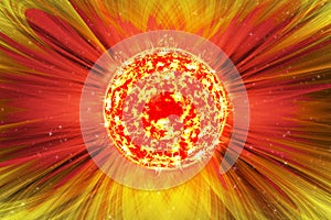 Extreme solar storm, solar flares. Sunburst rays of sunlight. Bright luminous sun with light effect, sunshine with lens flare.