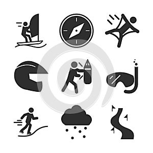 Extreme sport active lifestyle boxing wingsuit tracking saliboat silhouette icons set design
