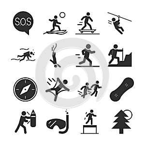 Extreme sport active lifestyle diving runner skate boxing silhouette icons set design