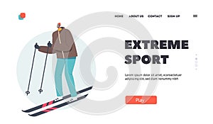 Extreme Sport Activity, Recreational Lifestyle Landing Page Template. Athlete Man in Warm Clothes and Sunglasses Skiing