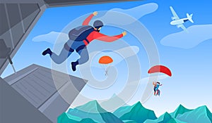Extreme sport in air vector illustration. Parachuting sport. Parachute jumping courageous skydrivers. Active hobby