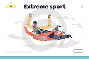 Extreme sport concept of landing page with couple in tandem skydiving jump with parachute