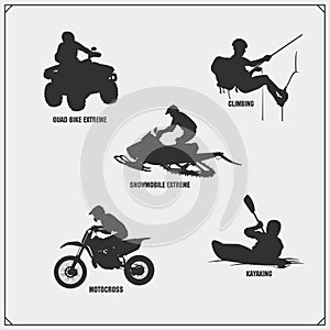 Extreme sport emblems. Quad bike, Snowmobile, Mountain climbing, Motocross jumping, Moto freestyle, Kayaking.