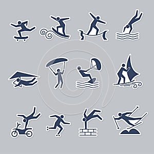 Extreme sport. Fitness icons active lifestyle outdoor people climbing rafting running walking jumping recent vector