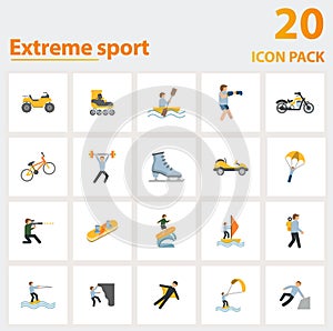 Extreme Sport icon set. Collection of simple elements such as the atv, roller skate, rafting, ice skating, go kart