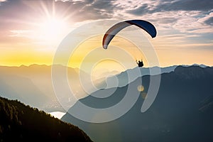 Extreme sport, a man flies on a paraglider over the mountains. Generative ai