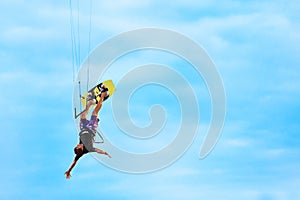 Extreme Sport. Recreational Water Sports. Kiteboarding, Kitesurfing Action In Air.
