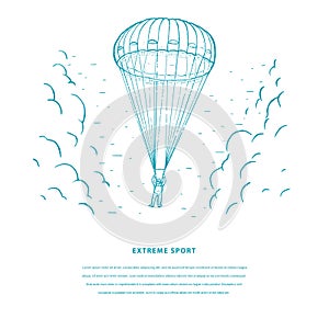 Extreme sport sketch vector template. Man flying on hang glider and clouds