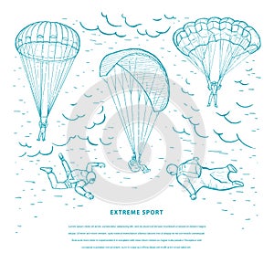 Extreme sport sketch vector template. Skydivers flying with a paraglider and parachute