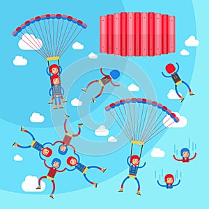 Extreme sport skydiving vector illustration collection of solo, tandem and group flights.