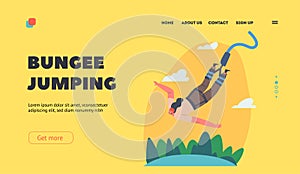 Extreme Sports Bungee Jumping Landing Page Template. Brave Female Character Jump with Rope from Great Height, Fun
